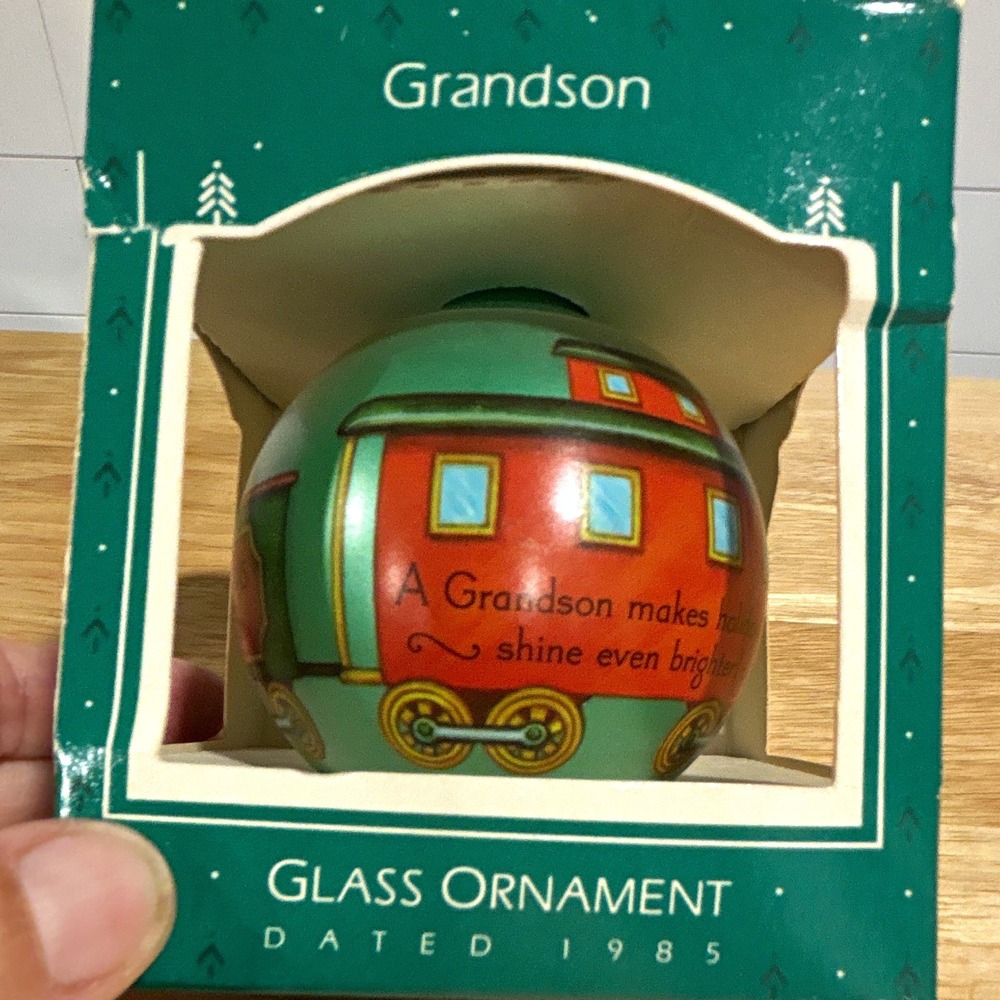 Hallmark Keepsake 1985 Grandson Train Glass Hanging Christmas Ornament